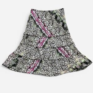 VTG Y2K Dressbarn Brown Green & Pink Bohemian Pattern Tiered Ruffle Midi Skirt L